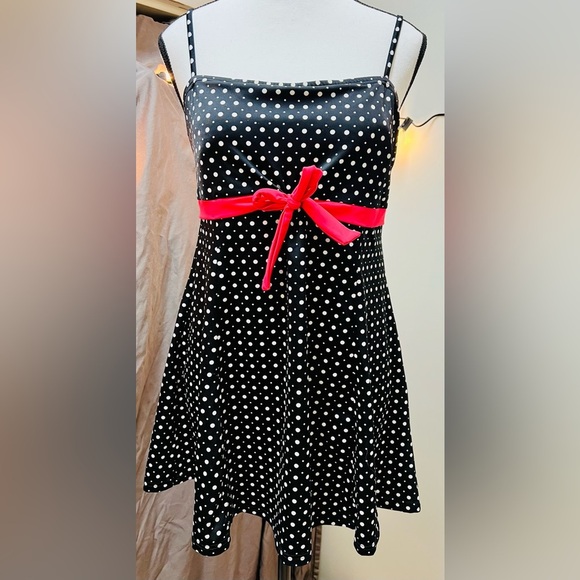 A Shore Fit Other - Black Polka Dot 1-Piece Skirted Swim Dresswith Red Front Tie by A Shore Fit
